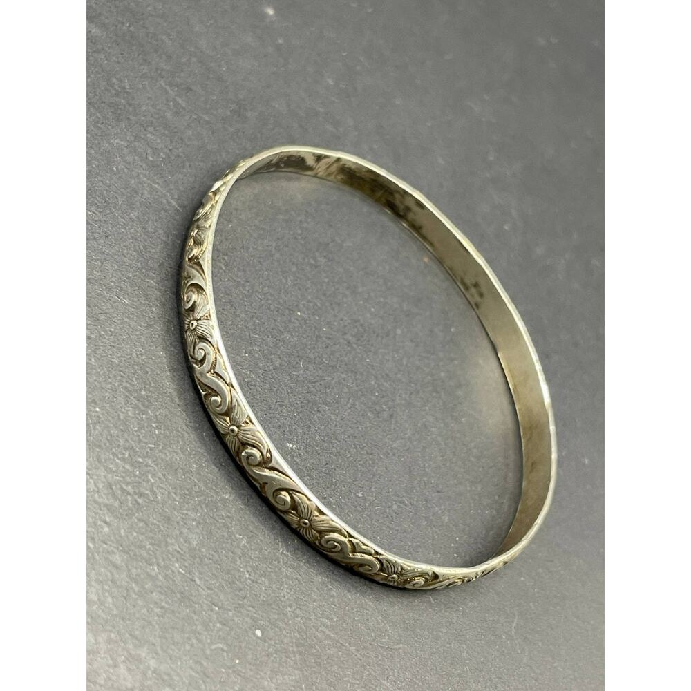 Scara 925 Sterling Silver Bangle Bracelet Engraved Floral Scroll Vintage - Picture 3 of 7